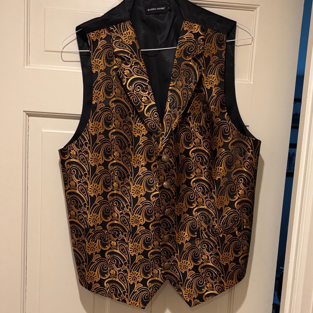 Barry Wang Paisley Tuxedo Vest, tie, pocket square and arm bands.